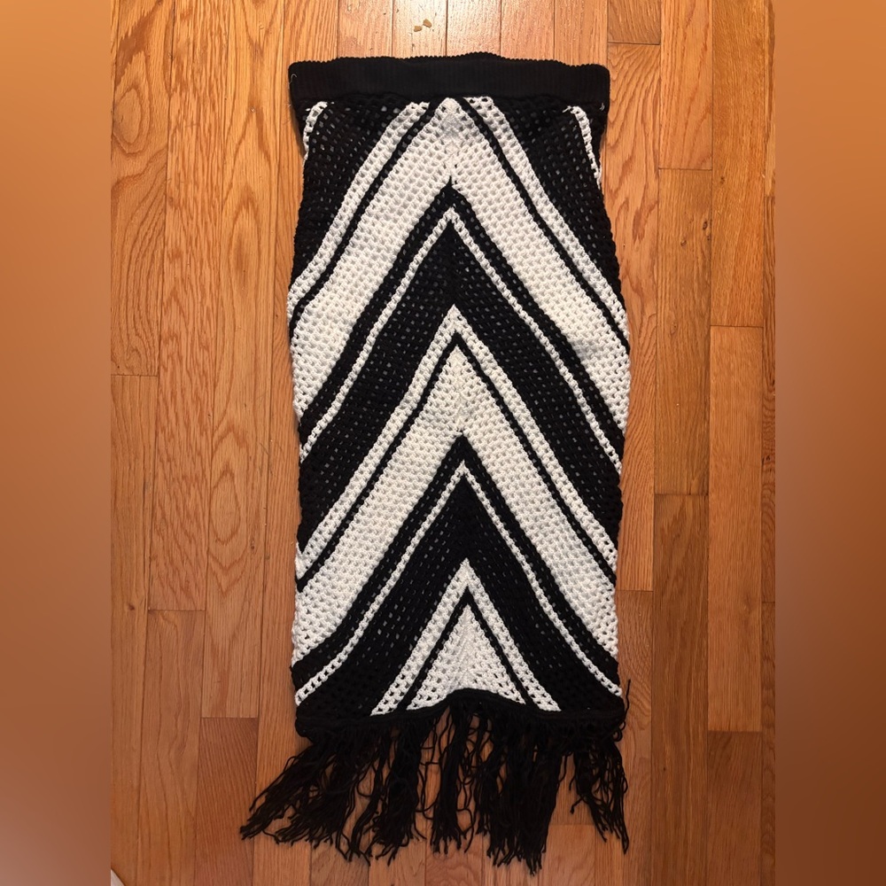 Black and White crochet fringe midi skirt